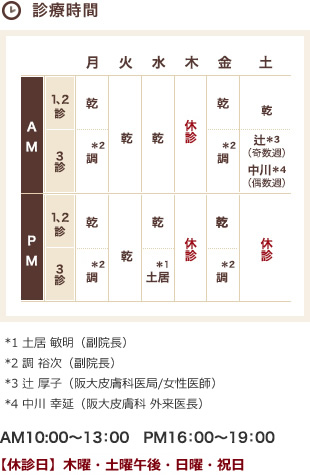 診療時間は午前診療が10:00〜13：00、午後診療がPM 16:00〜19：30となります。また、休診日は木曜午後･土曜午後･ 日曜・祝日です。